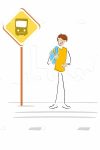 Illustrated Guy with Bag Waiting for the Bus